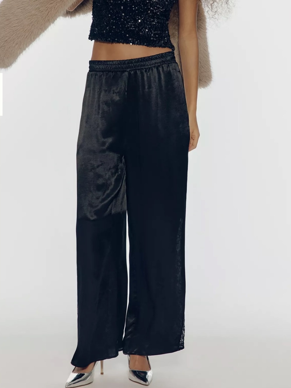 Anthropologie Black Satin Lace Insert Wide-Leg Pants with POCKETS 😍😍 NWT
